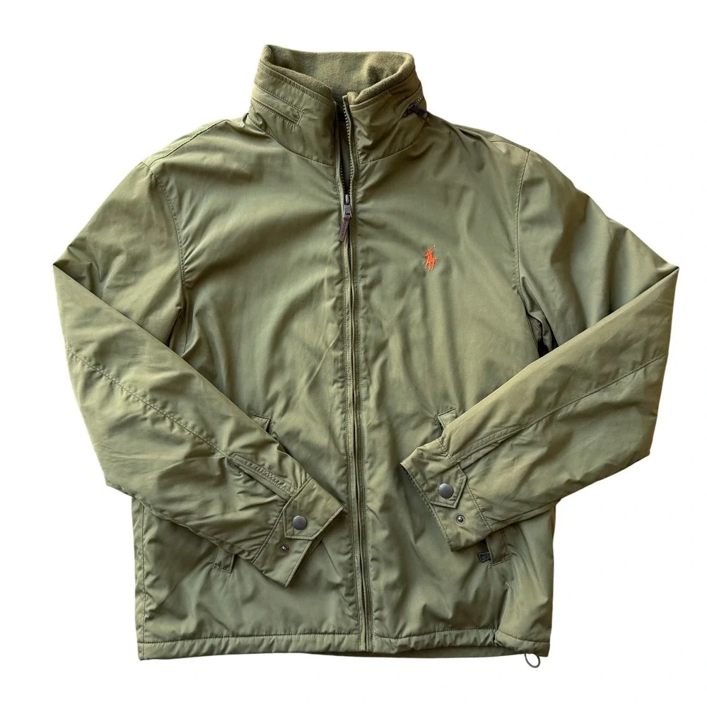 Polo Ralph Lauren Mens Olive Green Fleece Lined Hooded Windbreaker Jacket Small